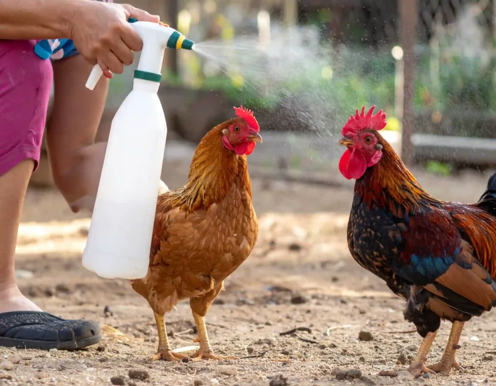 Persona desparasitando gallos mediante spray o atomizador