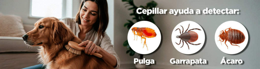 mujer cepillando a perro y detectand
o pulgas, garrapatas y ácaros