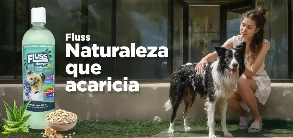 Chica bañando a su perro con fluss shampoo Aloe Vera y Avena 